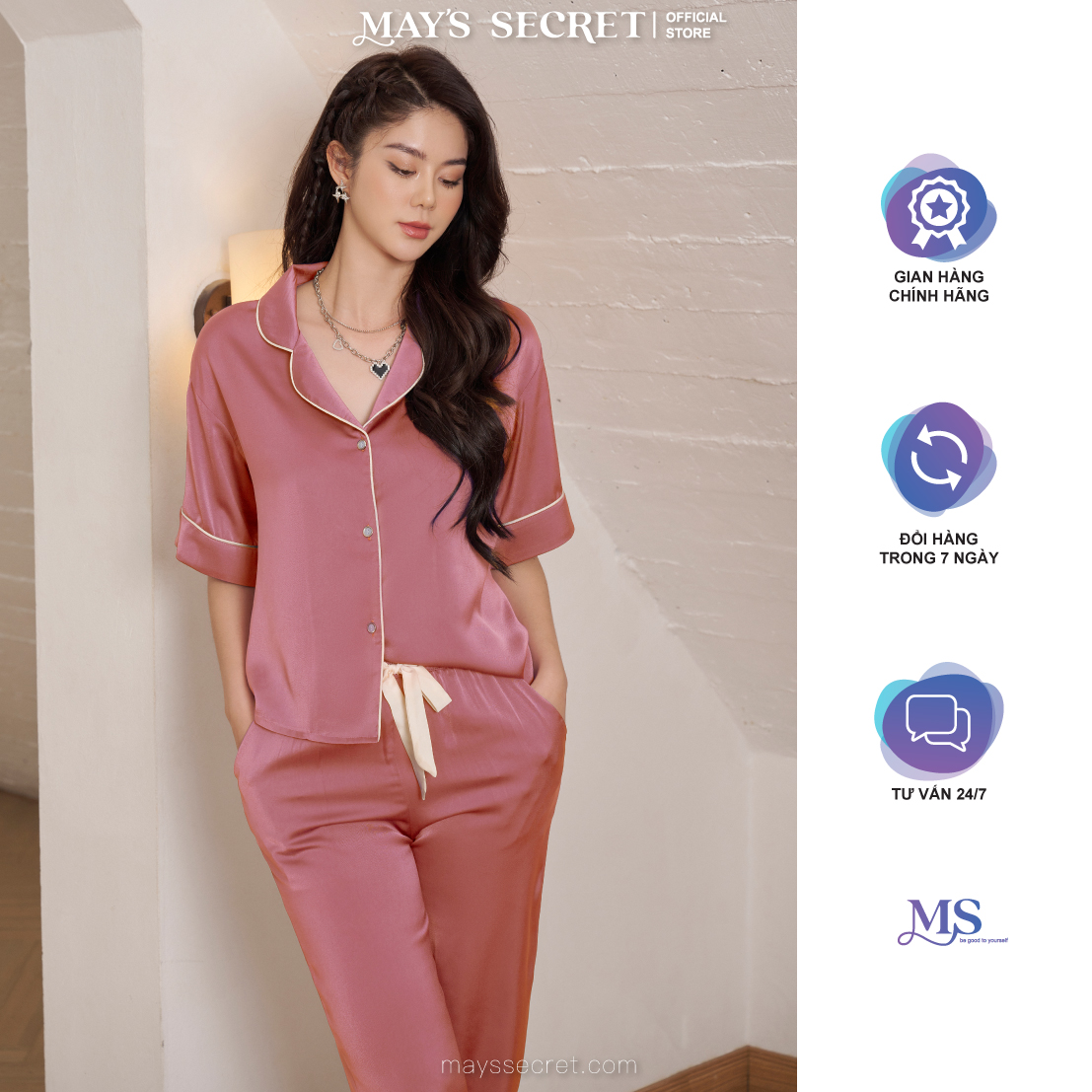 Bộ pyjamas lụa Twill Silk cộc tay quần dài tím trơn - May's Secret