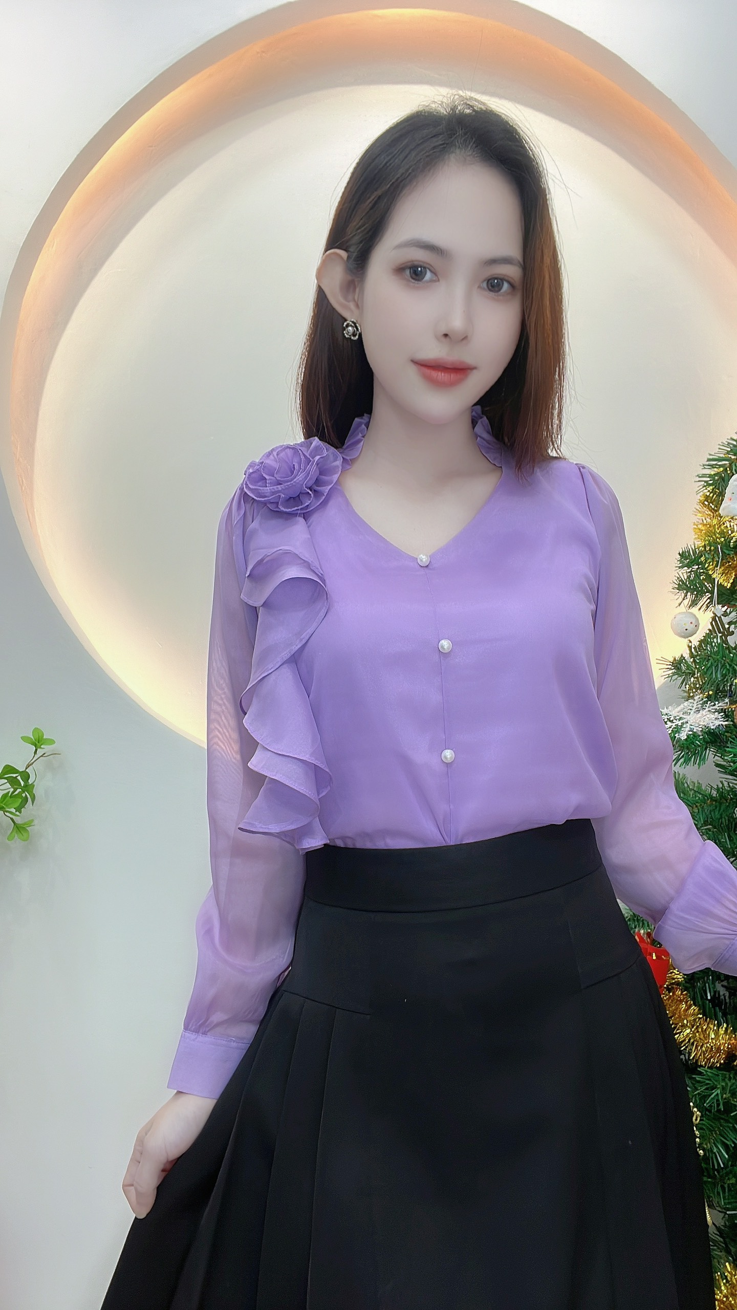 AN33- ÁO KIỂU CÔNG SỞ TAY DÀI BÈO HOA