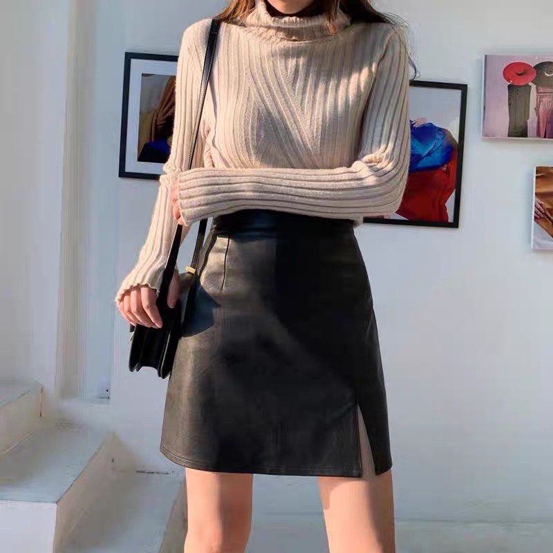 Chân váy da PU xẻ ngắn chữ A