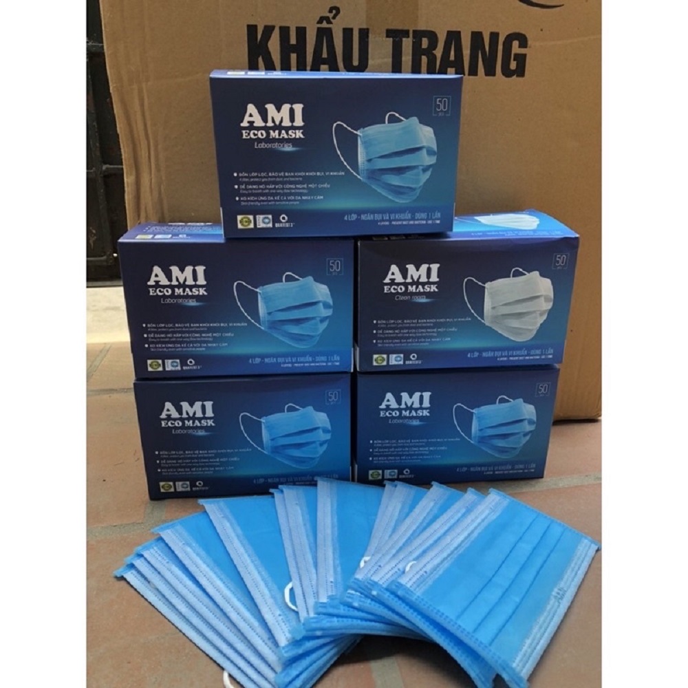 Khẩu Trang Y Tế AMI ECO MASK 4 Lớp Màu xanh/đen/trắng Kháng Khuẩn Hiệu Quả Hộp 50 Chiếc Có Giấy Kiểm Định Của Bộ Y Tế