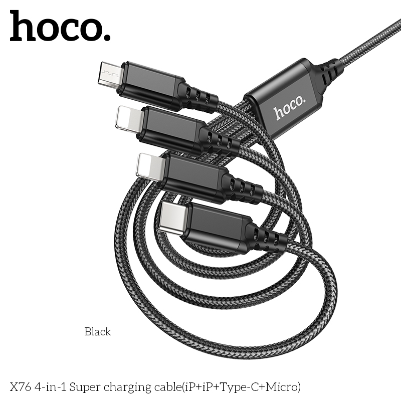 Cáp Sạc Hoco X76 Super 4 Trong 1 2.0A Cổng IP * 2 + TypeC + Micro Dây Dài 1m