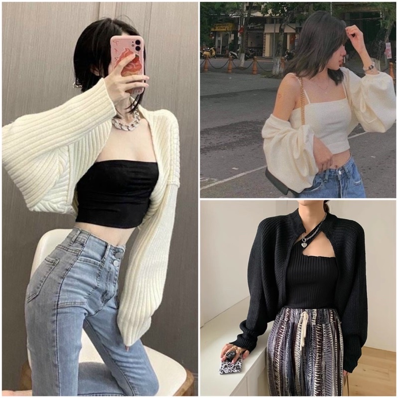 Áo khoác croptop cardigan chất gân tăm phối áo dây ống đều đẹp k9