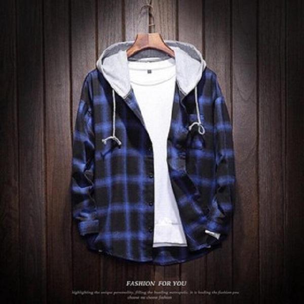 Áo khoác sơ mi sọc ca rô có nón năng động robin-fashion