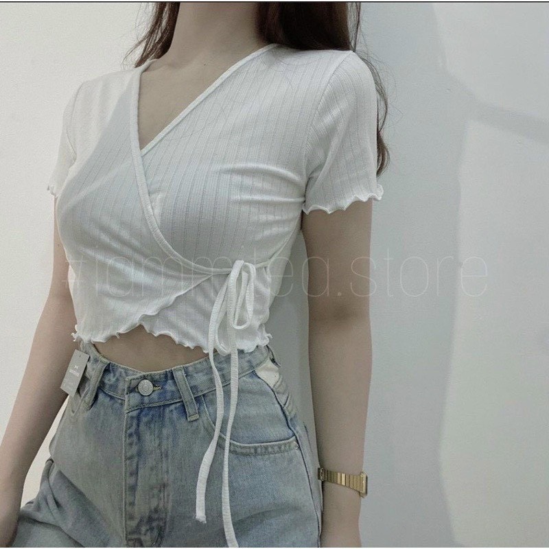 áo kiểu cổ v đắp chéo cột thun gân mềm