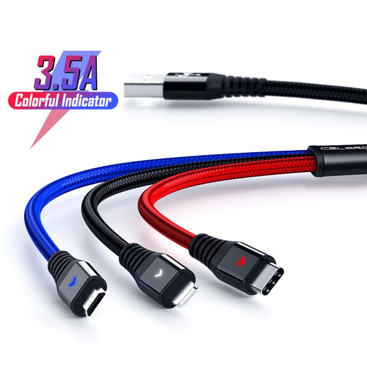 Multi-Purpose Charging Cable 3 Heads LED 3in1 Charge All Phones Anti-Tangle Broken Fold 3-color multi-head charging cable