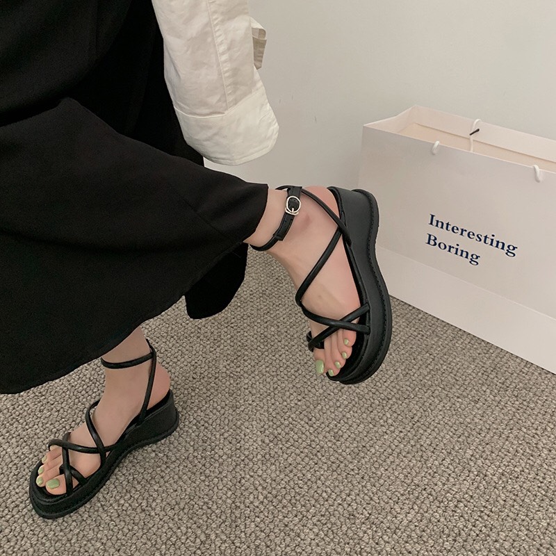 Dép sandal xỏ ngón đế xuồng 5cm 2 màu đen, trắng thiết kế mới cực xinh