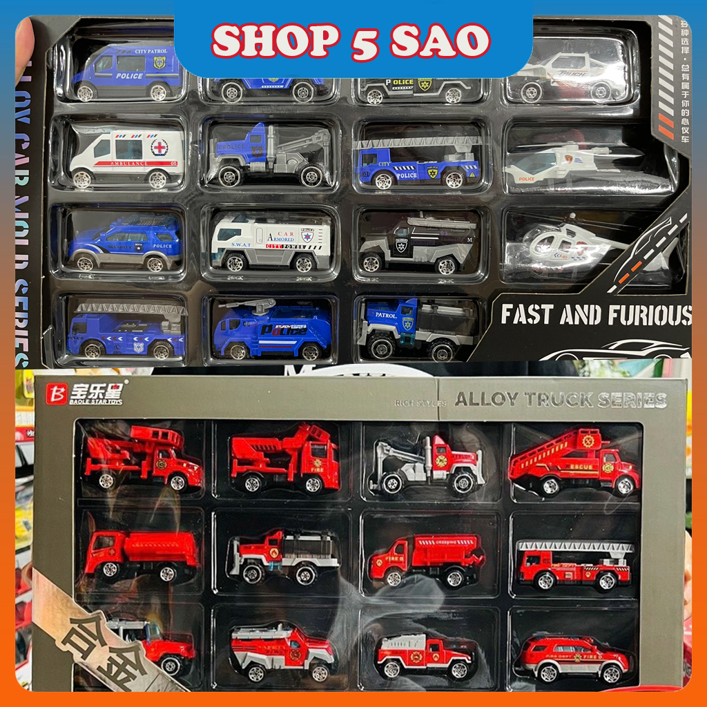 Hộp 15 ô tô sắt chạy đà siêu bền (xe cứu hoả, xe cảnh sát, xe công trình, xe quân sự)