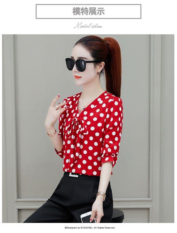 ÁO SƠ MI NỮ CHẤM BI THẮT NƠ CỔ CAO CẤP