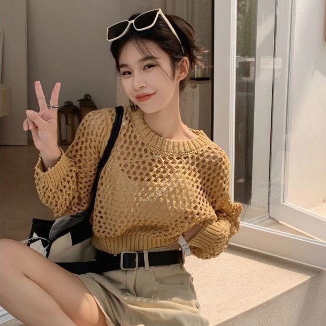 Áo Croptop lưới len mỏng phi hành đoàn rỗng dài tay dệt kim phụ nữ