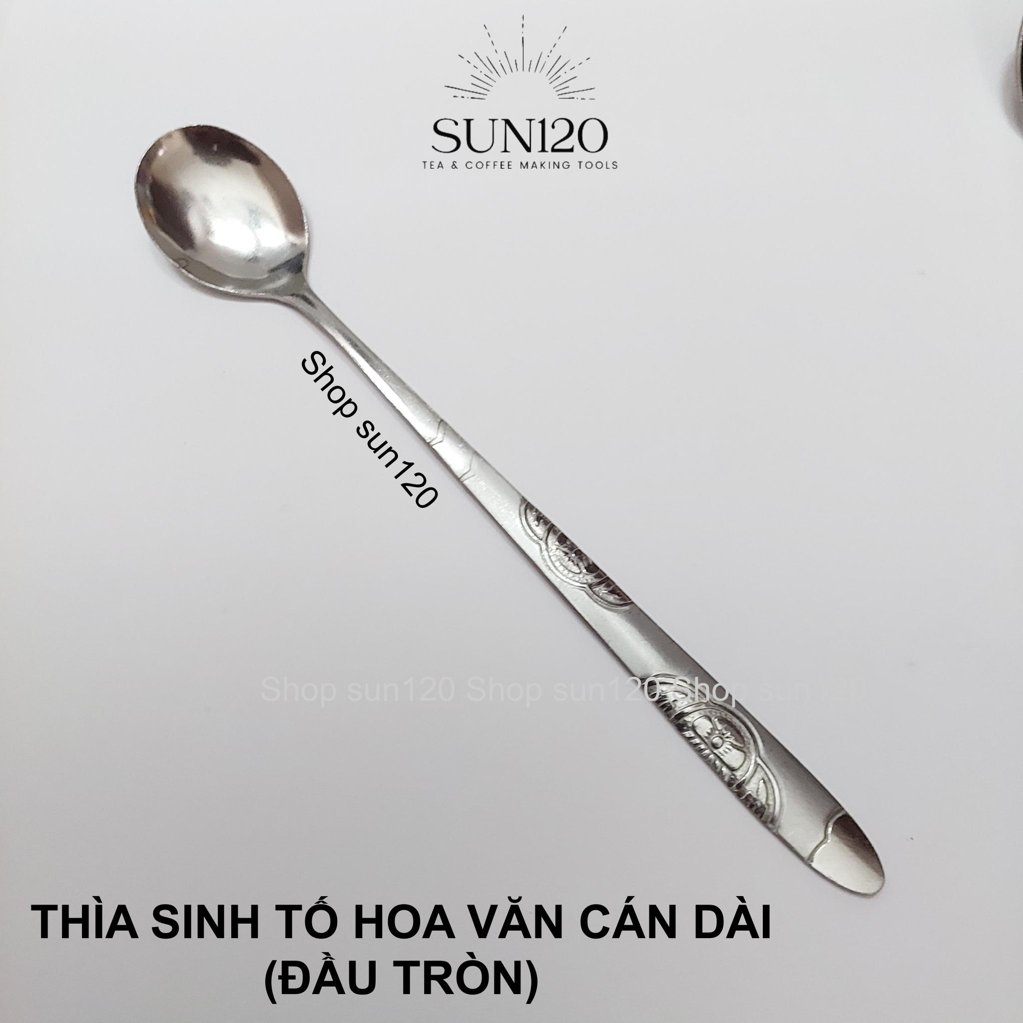 Muỗng sinh tố inox cán dài hoa văn dày đẹp Thìa cafe dày dặn cao cấp đầu bo tròn