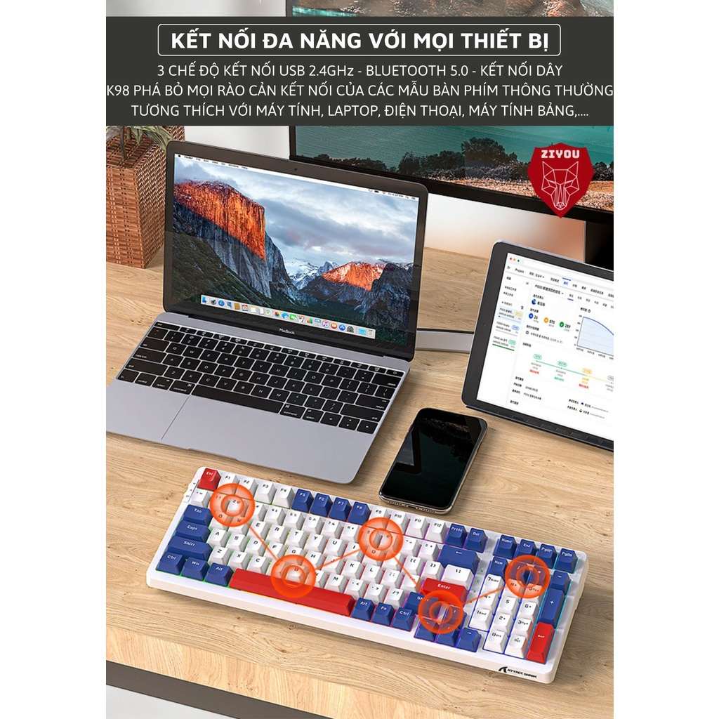 Bàn Phím Cơ Máy Tính Kết Nối Không Dây, Có Dây Cao Cấp K98BT Led RGB Nhiều Chế Độ Full Size Phím Cắt CNC Xuyên Sáng
