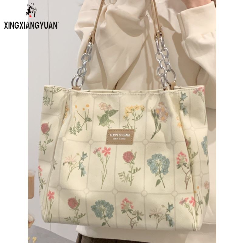 XingXiangYuan【Free Shipping Miễn phí vận chuyển】กระเป๋าผู้หญิง 2022 ใหม่ผ้าใบความจุขนาดใหญ่การพิมพ์ที่สวยงามทุกสิ่งดอกไม้พกพาพร็อพกระเป๋าสะพายไหล่