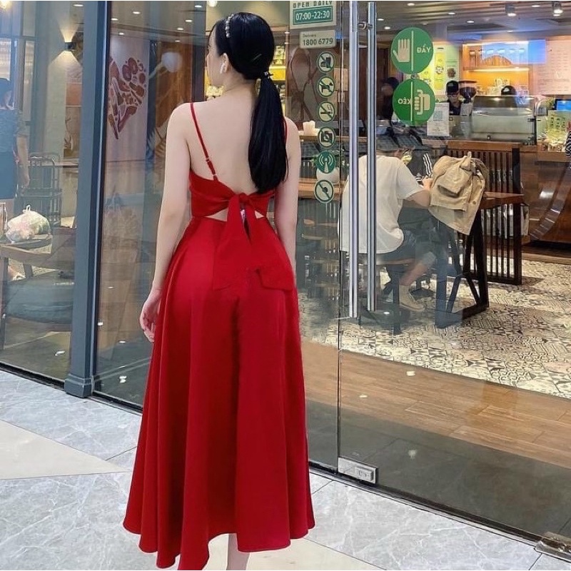 ĐẦM HAI DÂY MAXI ĐỎ NƠ SAU, CÓ MÚT NGỰC (có ảnh thật) MS110
