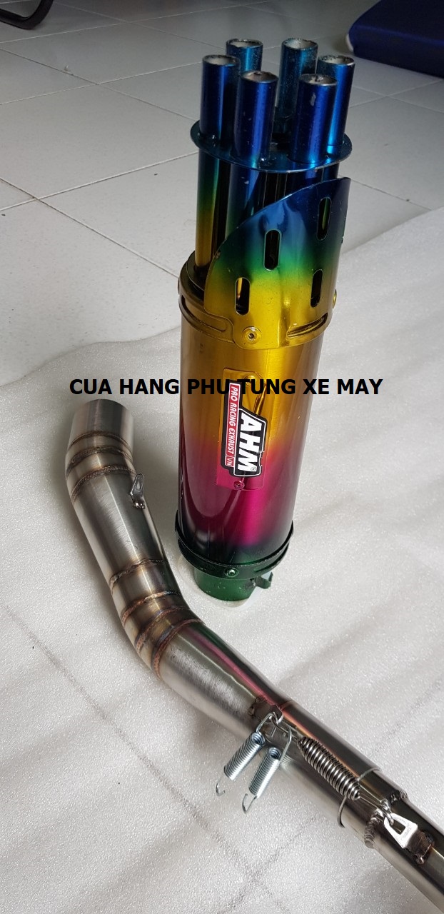 Pô AHM 6 nòng gắn xe Dream, Wave, Sirius, Cub (kèm cổ 2 khúc inox 304 xịn + pát treo + lò xo)