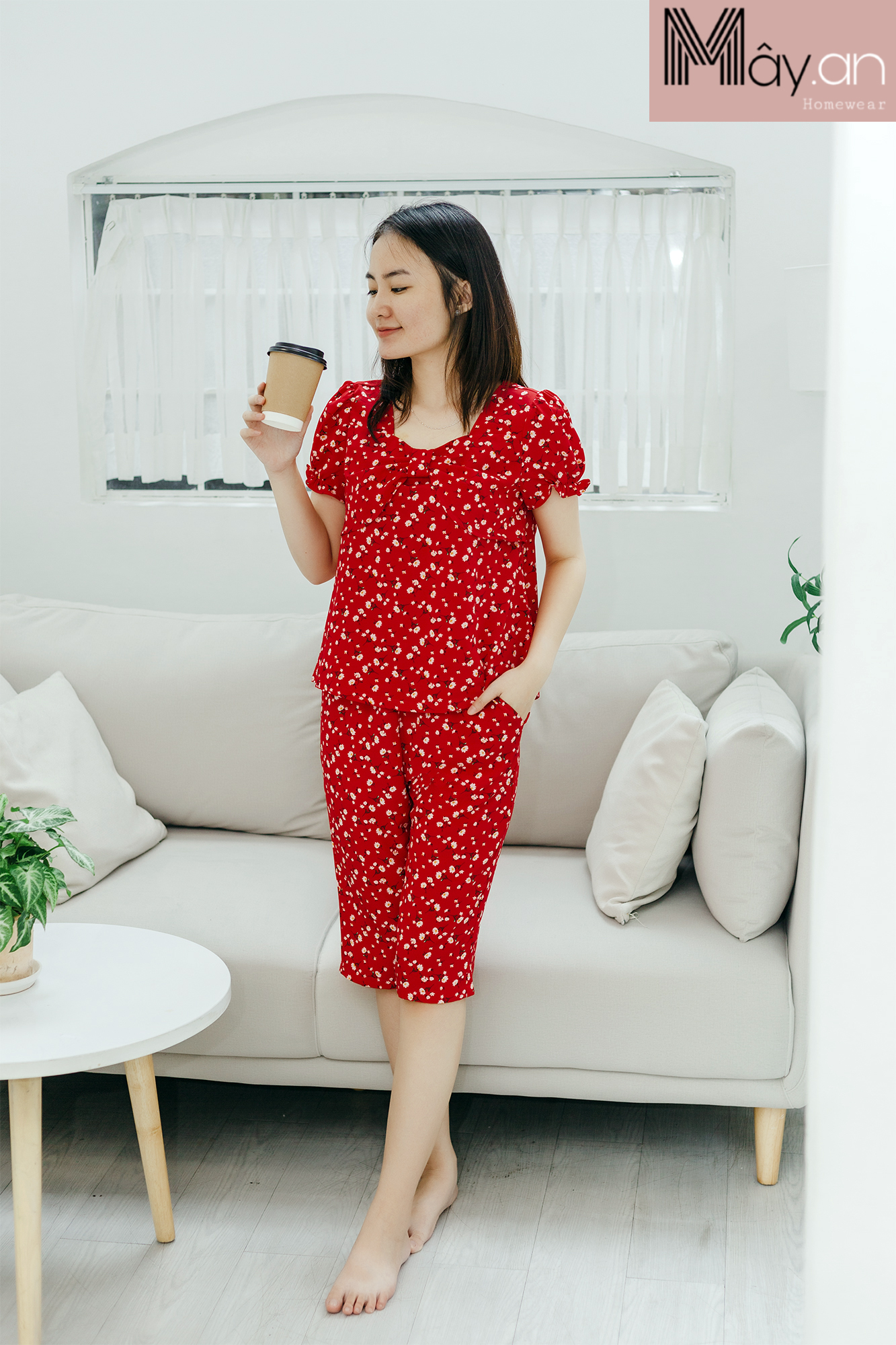 Đồ mặc nhà MÂY áo cổ nơ quần dài lụa Nhật