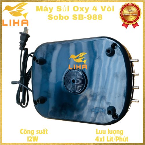 Máy Sủi Oxy 4 Vòi Sobo SB-988 (12W-4x4Lít/Phút) - Máy Sủi Oxy  Siêu Êm Cho Bể Cá