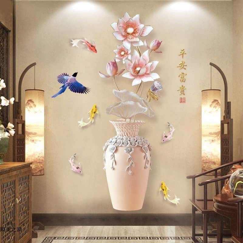 Decal dán tường bình hoa sen hồng