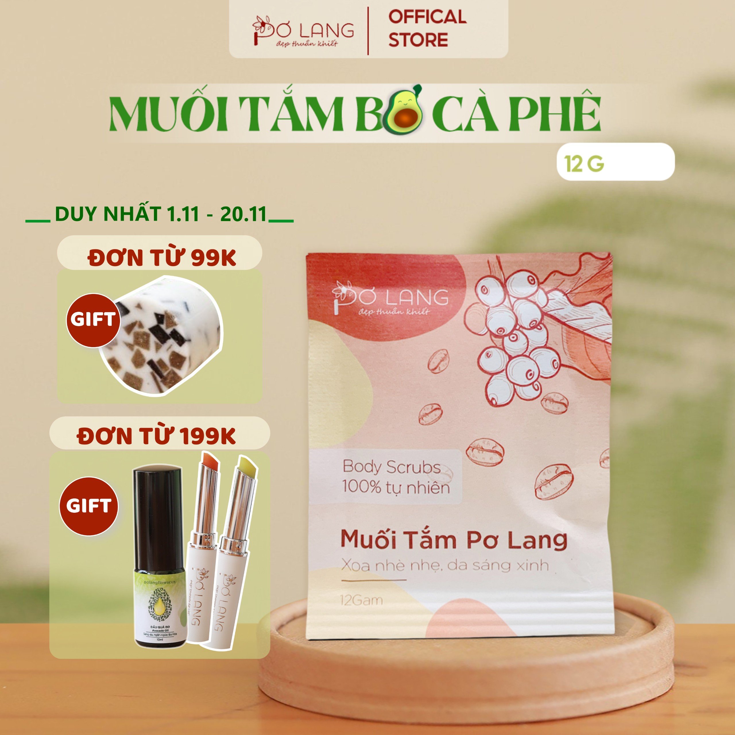Muối tắm giảm mụn lưng Pơ Lang túi 12 gam (100% Thiên nhiên với dưỡng chất bơ tươi và cà phê Robusta Honey rang mộc)