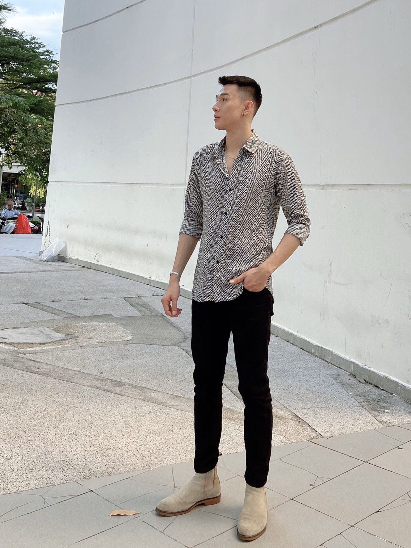 áo sơ mi lụa nam dài tay họa tiết form rộng S5