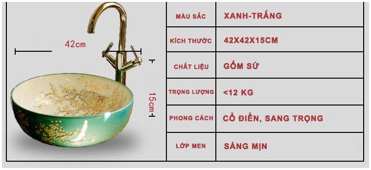 Chậu rửa lavabo gốm sứ nghệ thuật LAV0042 – Họa tiết mai trắng trên nền xanh ngọc