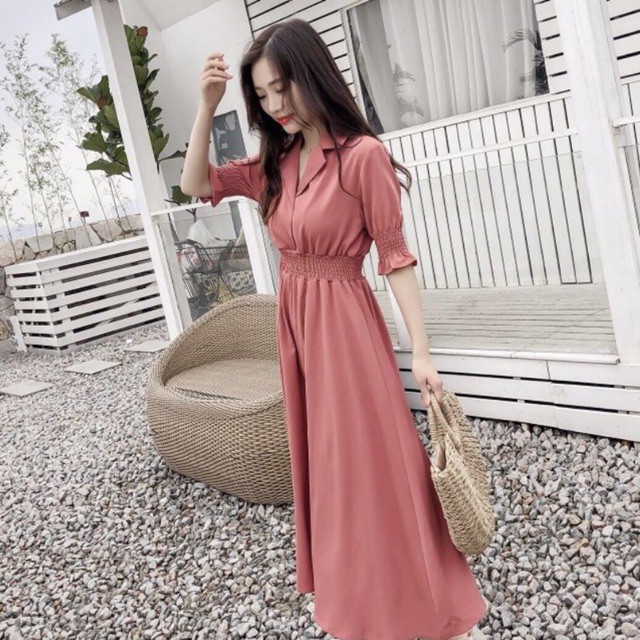 Đầm hồng ruốc thun eo