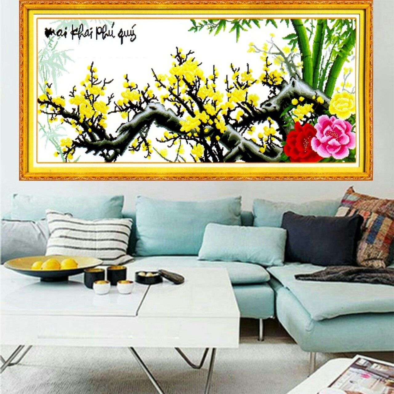 Tranh thêu chữ thập Mai khai phú quý LV3244 - tự thêu