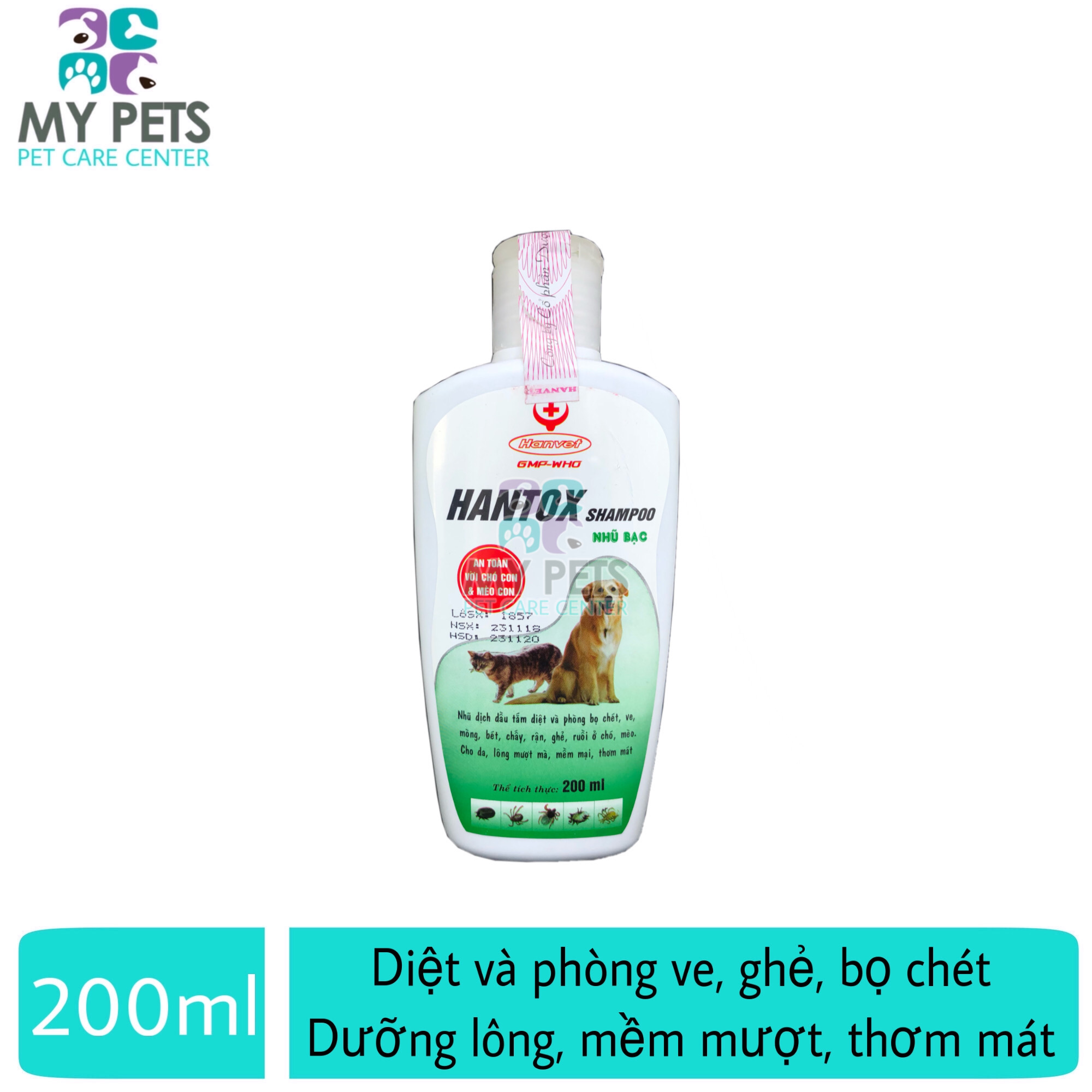 Sữa tắm sạch ve ghẻ bọ chét chó mèo Hantox Shampoo Xanh - Chai 200ml