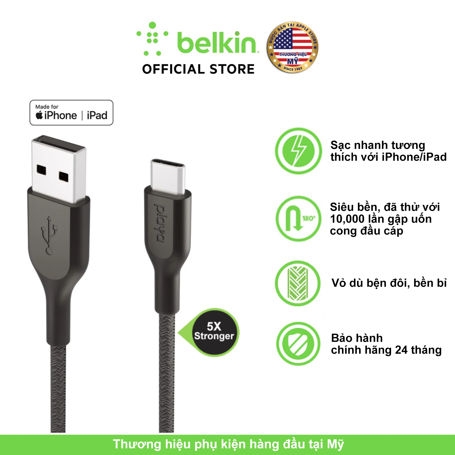 Cáp Sạc USB Type C Belkin Playa Vỏ Dù, Chứng Chỉ USB-IF, Dài 1M & 2M