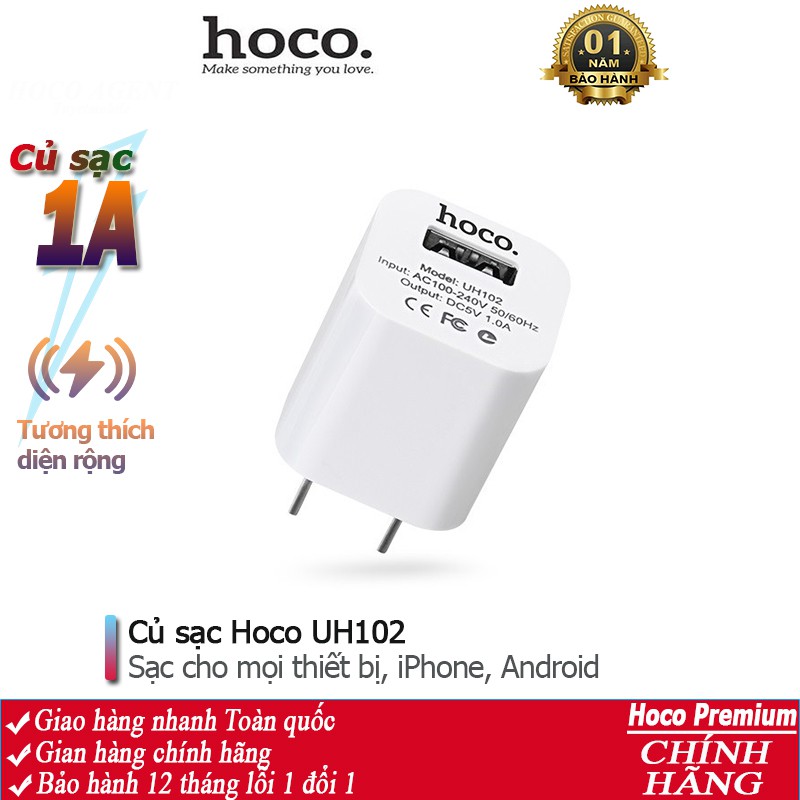 Củ sạc 1A Hoco UH102, cóc sạc dùng cho iPhone, iPad, Android - Chính hãng