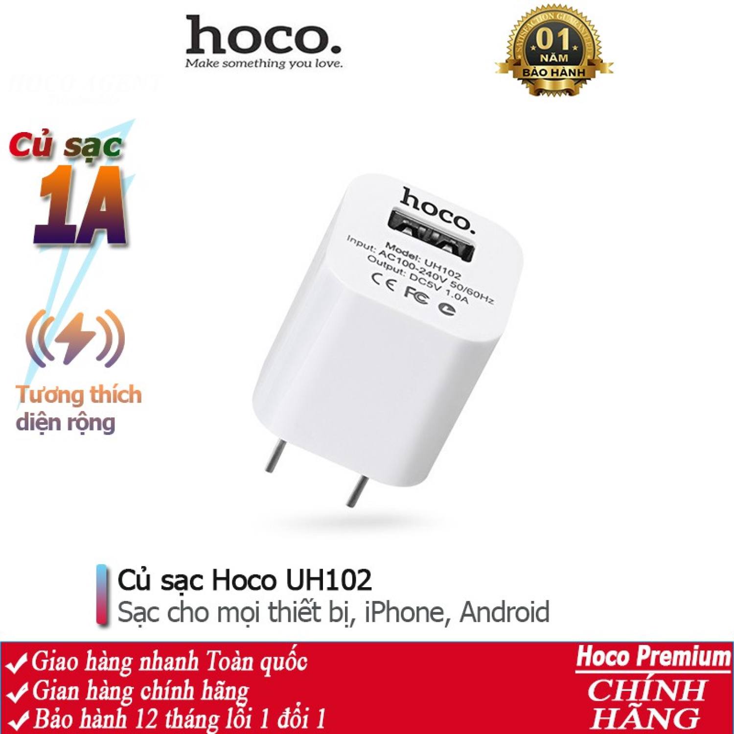 Củ sạc 1A Hoco UH102, cóc sạc dùng cho iPhone, iPad, Android - Chính hãng