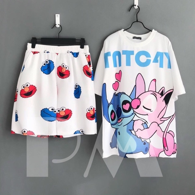 Set Trang Phục, Bộ Mặc Nhà Nữ Gồm Áo Thun Tay Lỡ Form Rộng Kèm Quần Đùi Phối Hoạt Hình Dễ Thương 2K3