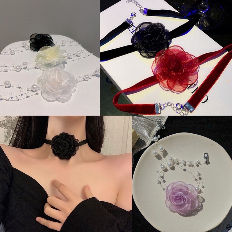 Vòng cổ choker hoa hồng voan
