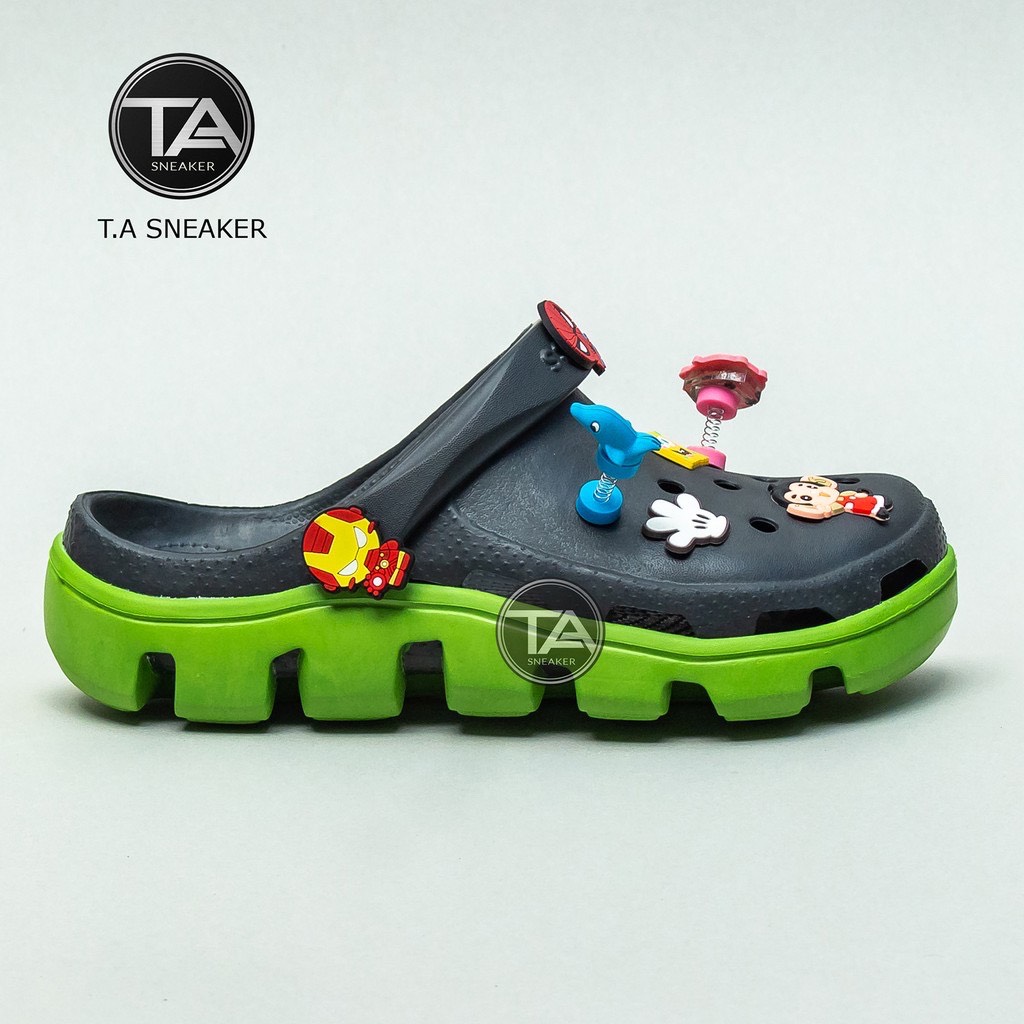 Dép crocs, sục cross đen đế xanh quai ngang cá sấu nhựa cao cấp Tặng 12 sticker gắn siêu đẹp