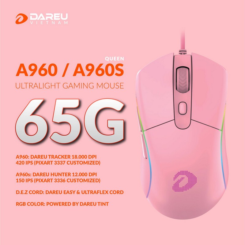 CHUỘT GAMING DAREU A960S LED RGB SIÊU NHẸ