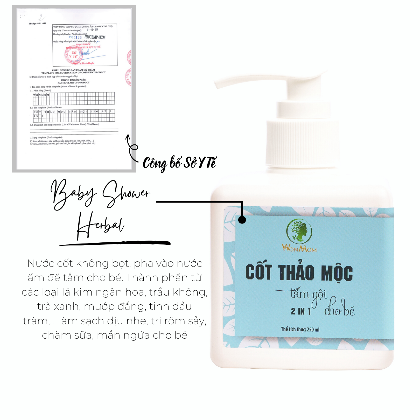 Cốt thảo mộc tắm gội cho bé Wonmom 2in1 250ml