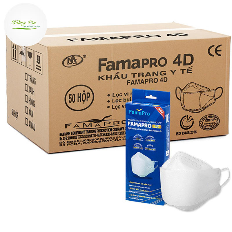 [Thùng 50 hộp] Khẩu trang y tế kháng khuẩn cao cấp Famapro 4D Nam Anh - Hộp 10 cái