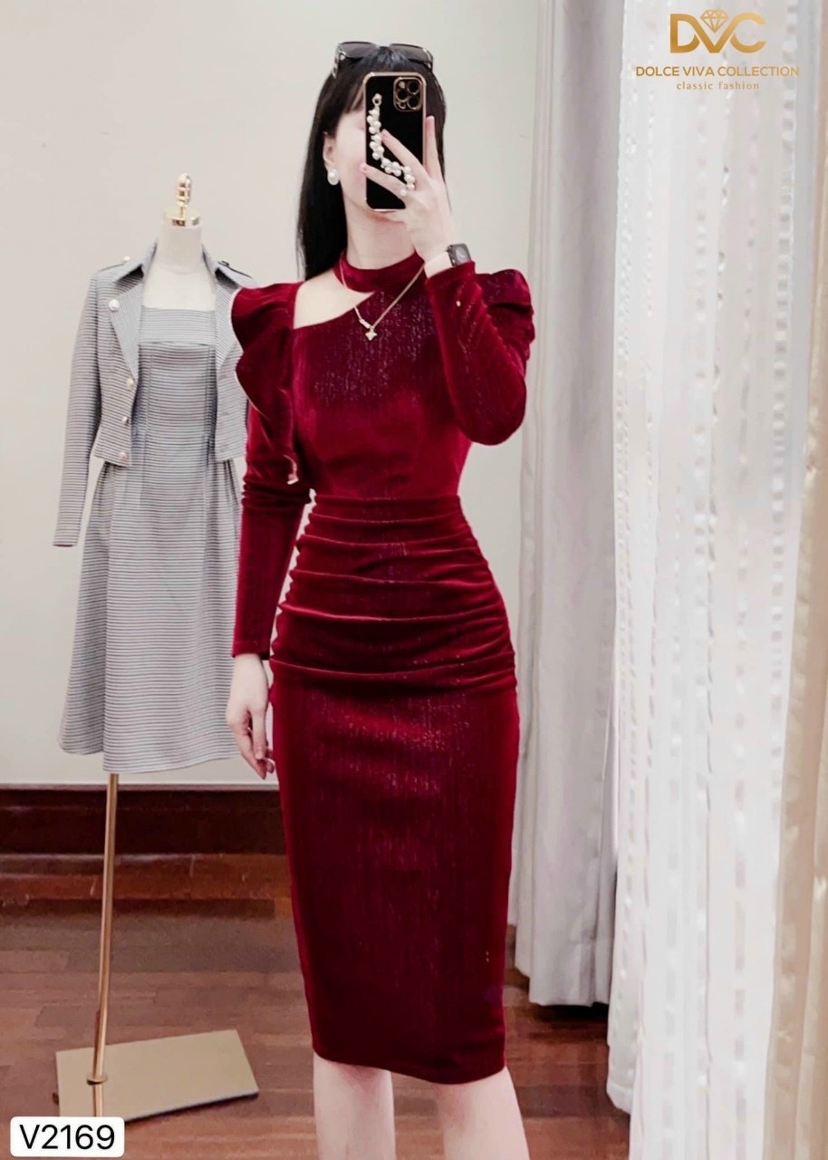 Đầm nhung tay dài-QH #damnu