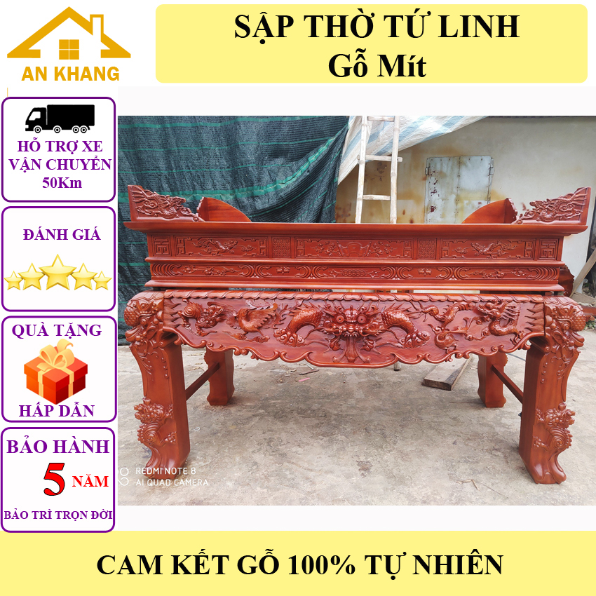 Sập thờ tứ linh gỗ mít chân 18 tm015 - bàn thờ gia tiên hàng vip không rác, sơn pu chống chầy xước ,tặng tam sơn. bảo hành 5 năm