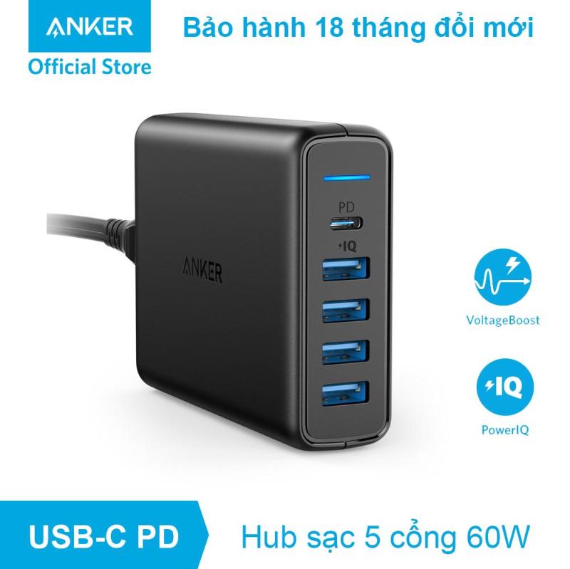 Sạc ANKER PowerPort+ 5 cổng 60w với cổng USB-C Power Delivery - A2056