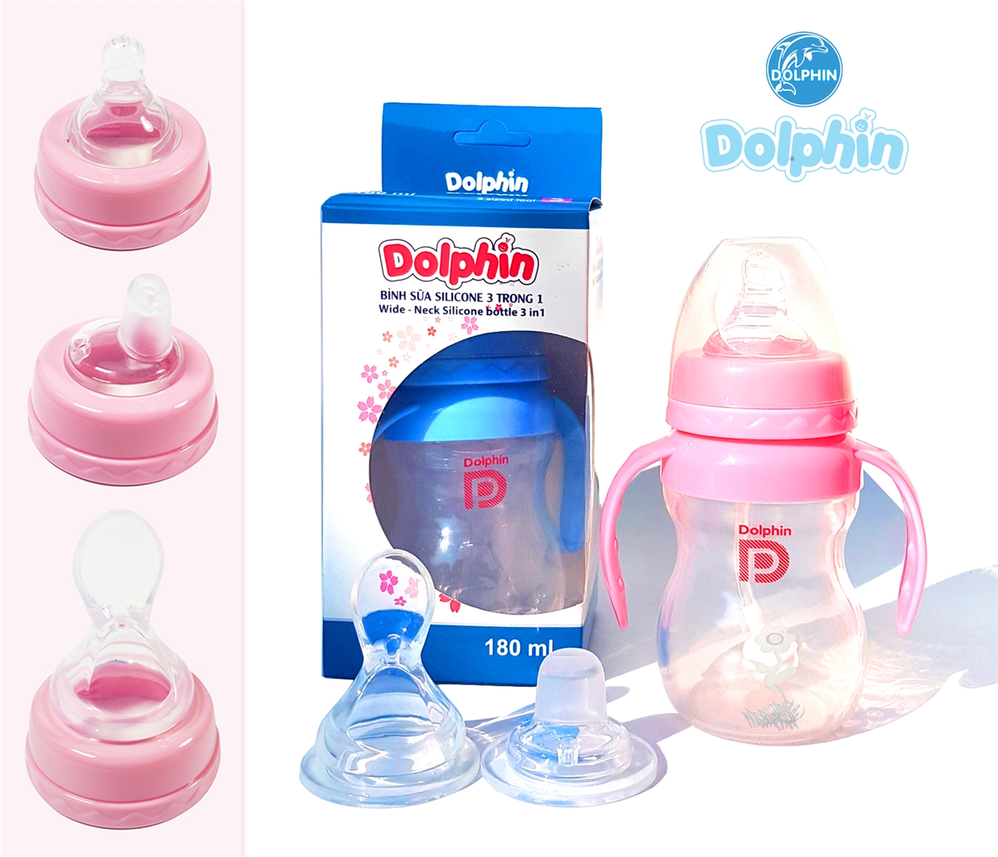 Bình Sữa Silicone Cổ Rộng 3 Trong 1 Dolphin 180ml