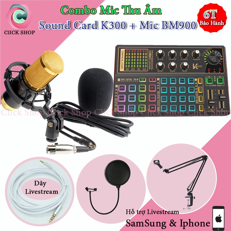 Sound card k300 mic thu âm bm900 chân đế màng lọc và dây livestream chế chọn bộ mic thu âm , karaoke , livestream