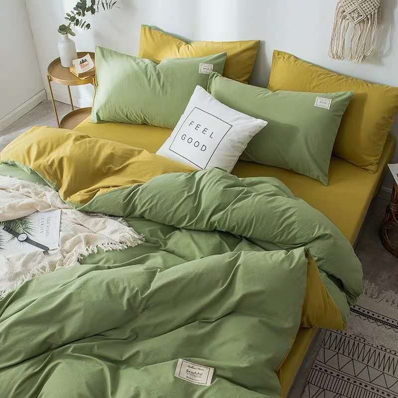 Bộ Chăn Ga Gối Cotton Tici (4 Món) màu xanh ngọc phối vàng sáng