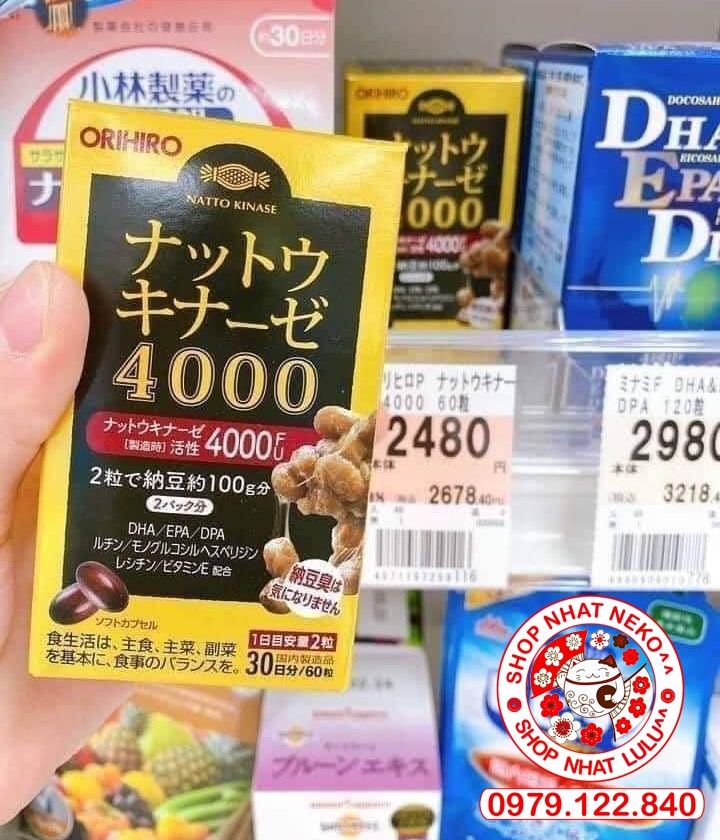 Hộp 60 viên uống Nattokinase 4000FU Orihiro bổ não  tăng cường lưu thông máu chống đột quỵ Nhật Bản