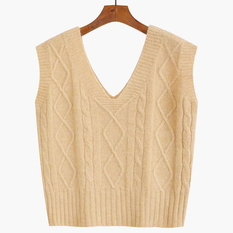MS845 Áo gile len nữ vặn thừng cổ tim sâu vintage