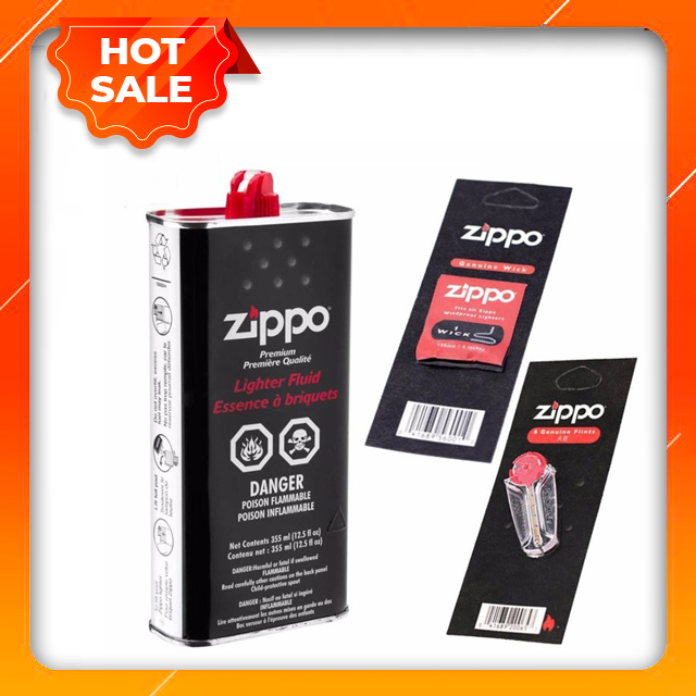 Bộ 3 Phụ Kiện Xăng - Bấc - Đá Vỏ Hộp Quẹt Bật Lửa Zippo (KHÔNG XĂNG KHÔNG GAS)