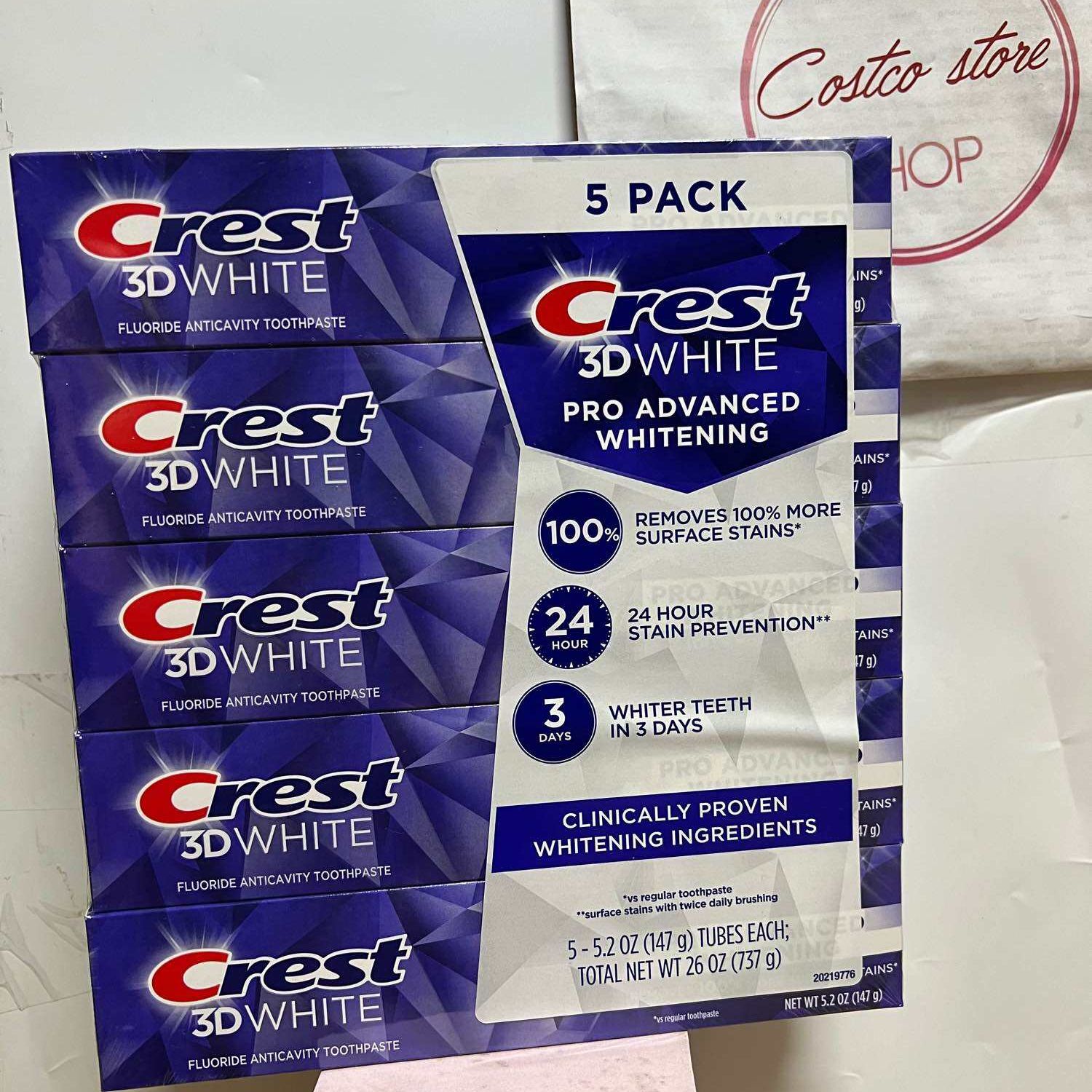Kem đánh răng crest 3D white advanced 147g date 2027 sét 5 cây