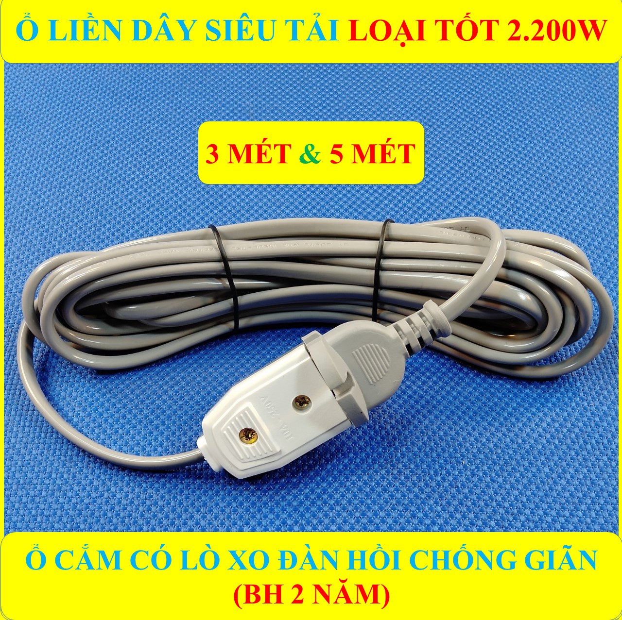 Ổ cắm điện liền dây đa năng CHỊU TẢI CAO 2200W có màng che an toàn + Dây dài 3/5 Mét + Ổ cắm đa năng có lò xo chống giãn đàn hồi HÀNG LOẠI 1 cao cấp