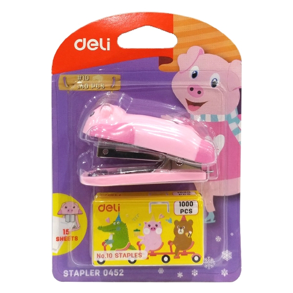 Bộ bấm kim + kim 10 - deli 0452 - mẫu 2 - hồng