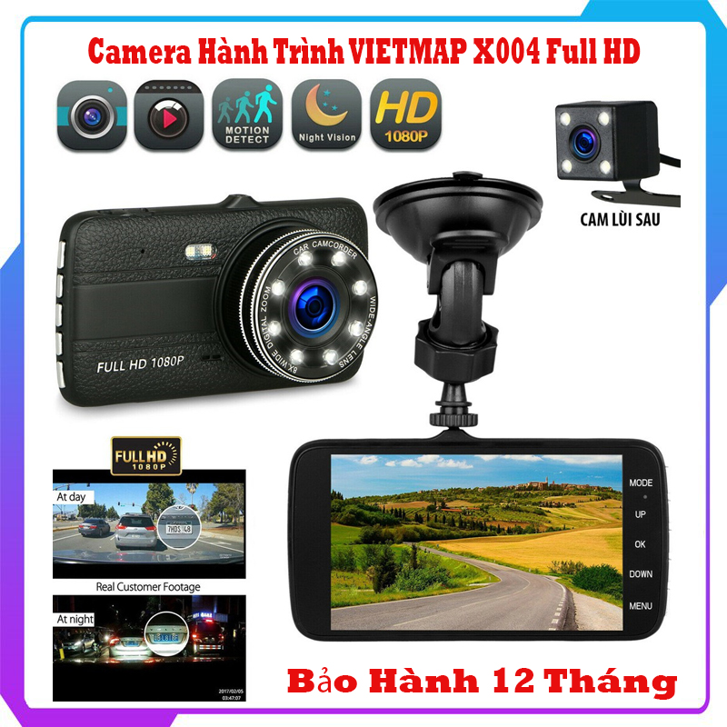 ( BẢO HÀNH 1 NĂM ) Camera hành trình VIETMAP X004 (Trước và Sau) - Camera hành trình Ôtô bản cao cấp 2021 Full HD, Màn hình 4.0 inch HD, Đèn led hỗ trợ đêm tầm nhìn với 8 IR LED ánh sáng cực rõ nét, Chống rung, Phát hiện chuyển động