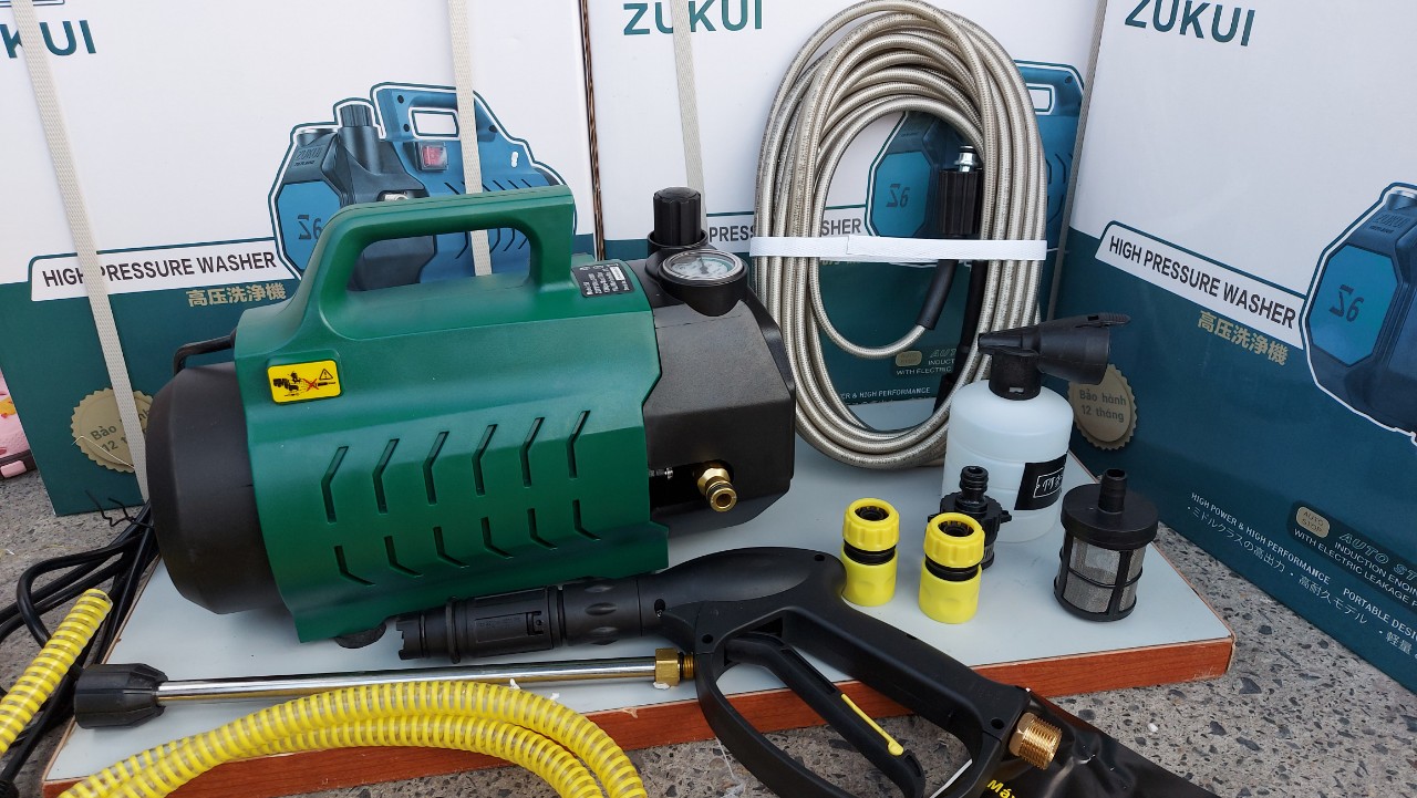 Máy xịt rửa xe gia đình Zukui S6 có chỉnh áp sử dụng rửa xe vệ sinh máy lạnh... Tặng bình tạo bọt tiện lợi Bảo hành 1 năm